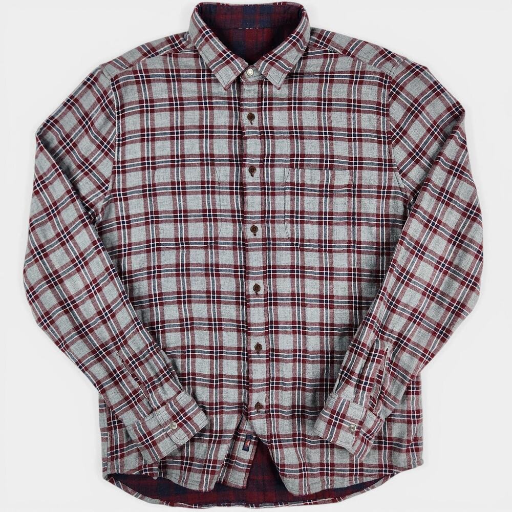 Faherty Reversible Shirt Mens Medium Gray Red Plaid Button-Up Organic Cotton